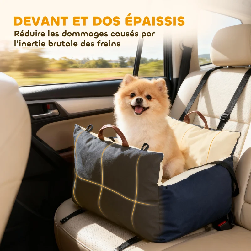 Siège auto pour chien 49 x 53 x 36 cm assise rembourrée double sangles sécurité moderne en toile de coton bleu marine 21_0007260