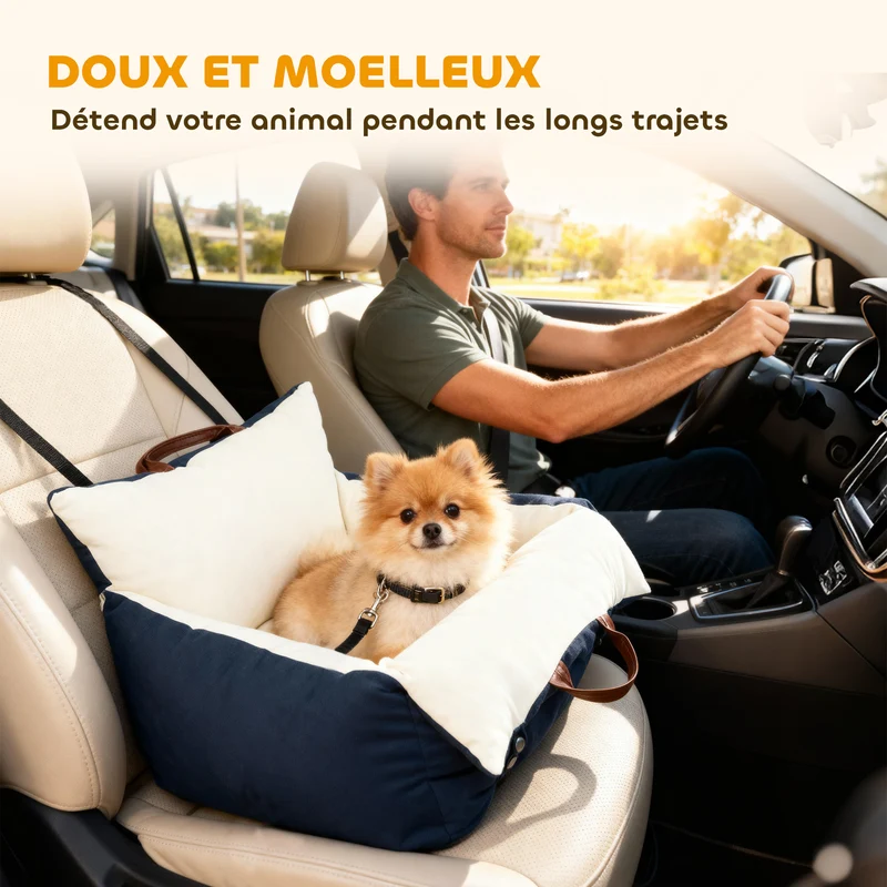 Siège auto pour chien 49 x 53 x 36 cm assise rembourrée double sangles sécurité moderne en toile de coton bleu marine 21_0007260
