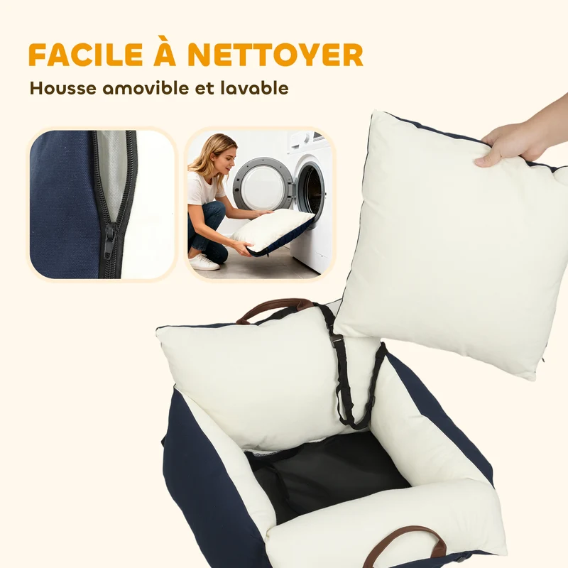 Siège auto pour chien 49 x 53 x 36 cm assise rembourrée double sangles sécurité moderne en toile de coton bleu marine 21_0007260