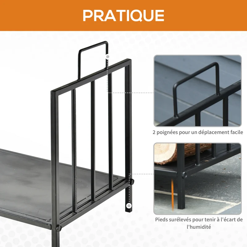 Range bûches porte-bûches compact salon 44 x 33 x 46 cm charge max 15 kg poignées intégrées style moderne en métal noir 21_0003904