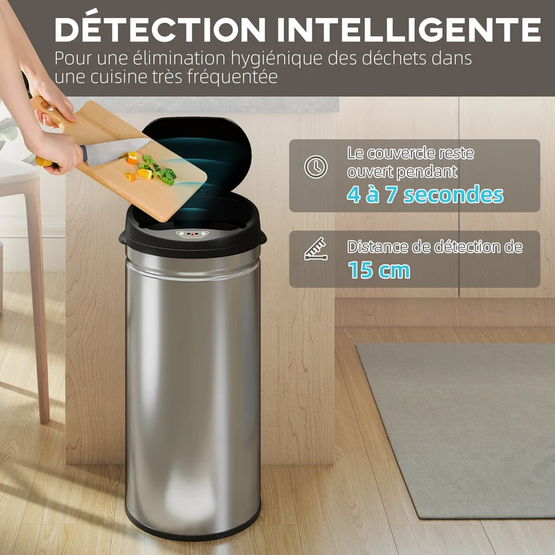 Poubelle de cuisine à capteur 30,5 x 30,5 x 68 cm ouverture sans contact anti traces moderne en acier inoxydable argent 21_0005924
