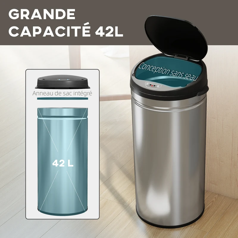 Poubelle de cuisine à capteur 30,5 x 30,5 x 68 cm ouverture sans contact anti traces moderne en acier inoxydable argent 21_0005924