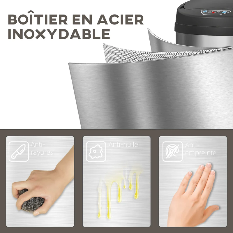 Poubelle de cuisine à capteur 30,5 x 30,5 x 68 cm ouverture sans contact anti traces moderne en acier inoxydable argent 21_0005924