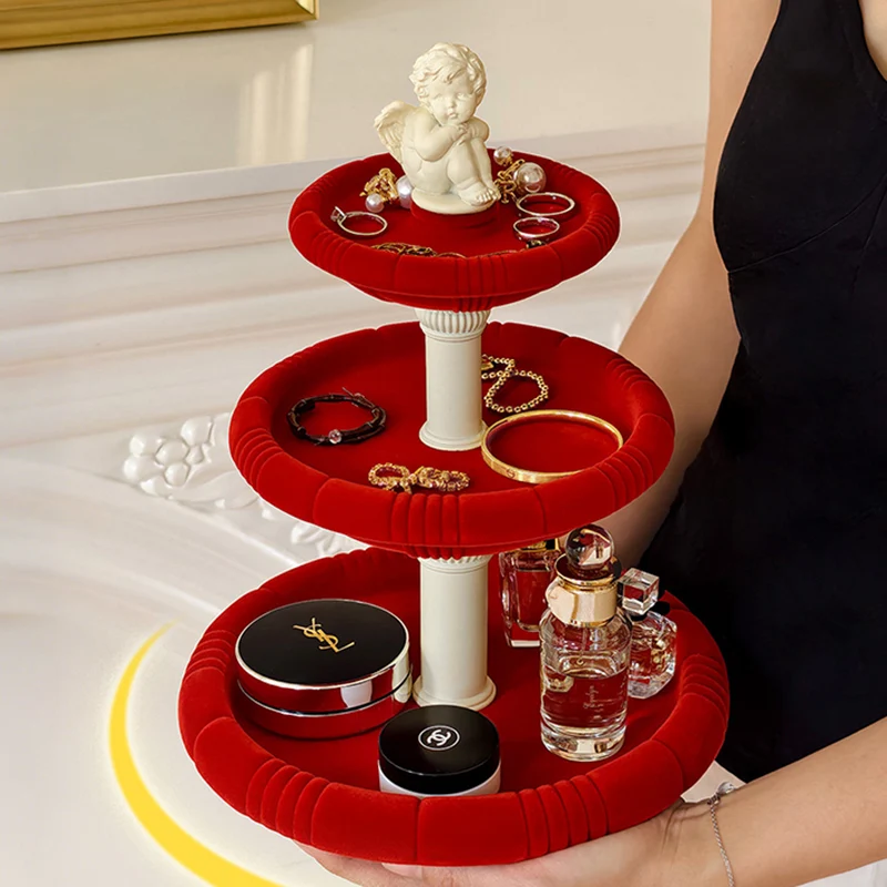 Contemporary Creative Resin Flocked Wishing Fountain-Inspired Design Swivel Desktop Storage Shelf 3-Tier For Perfume, Cosmetics & Aromatherapy For Living Room & Entryway