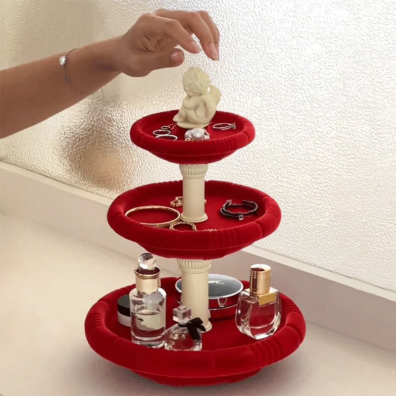 Contemporary Creative Resin Flocked Wishing Fountain-Inspired Design Swivel Desktop Storage Shelf 3-Tier For Perfume, Cosmetics & Aromatherapy For Living Room & Entryway