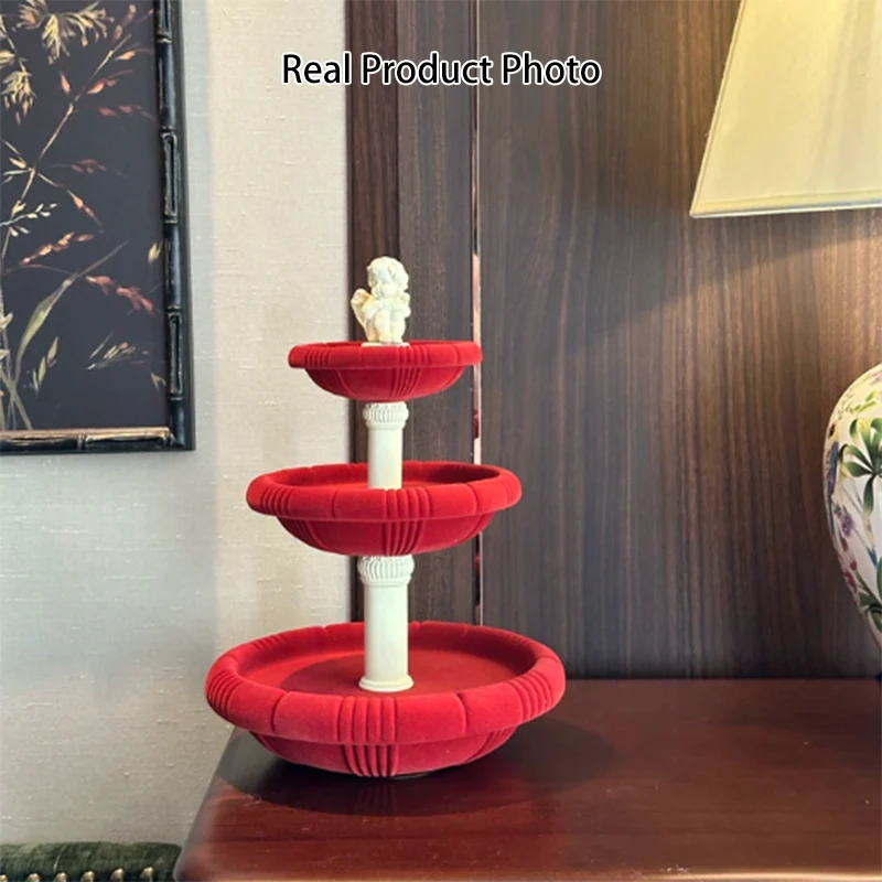 Contemporary Creative Resin Flocked Wishing Fountain-Inspired Design Swivel Desktop Storage Shelf 3-Tier For Perfume, Cosmetics & Aromatherapy For Living Room & Entryway