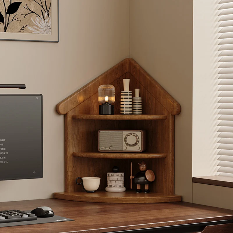 Contemporary Retro Rubberwood House-shape Fan-shaped Desktop Storage Shelf 3-Tier Corner Organizer For Living Room & Entryway