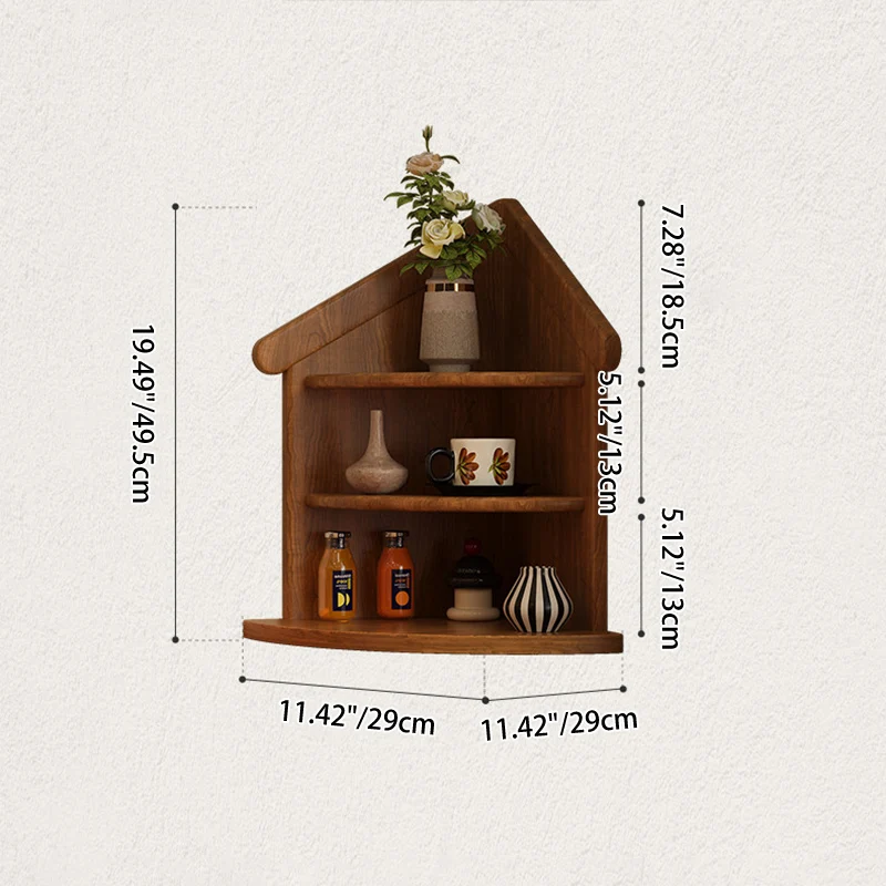 Contemporary Retro Rubberwood House-shape Fan-shaped Desktop Storage Shelf 3-Tier Corner Organizer For Living Room & Entryway