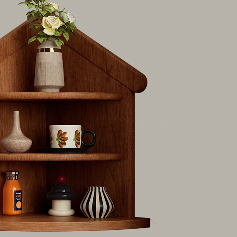 Contemporary Retro Rubberwood House-shape Fan-shaped Desktop Storage Shelf 3-Tier Corner Organizer For Living Room & Entryway