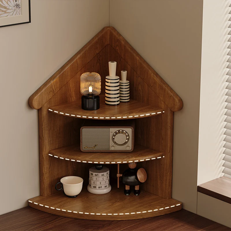 Contemporary Retro Rubberwood House-shape Fan-shaped Desktop Storage Shelf 3-Tier Corner Organizer For Living Room & Entryway