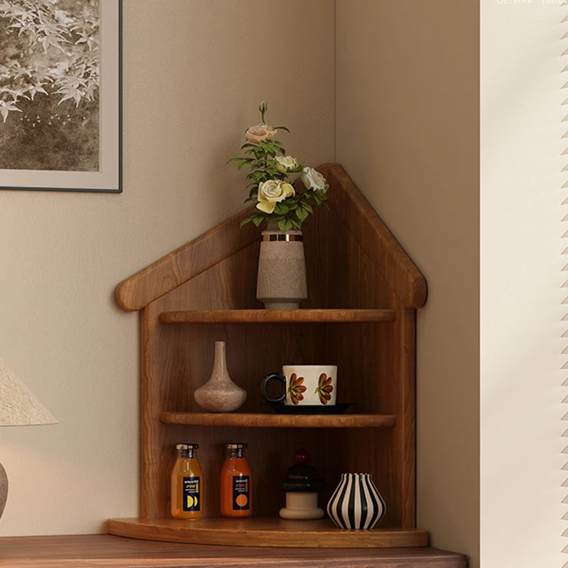 Contemporary Retro Rubberwood House-shape Fan-shaped Desktop Storage Shelf 3-Tier Corner Organizer For Living Room & Entryway