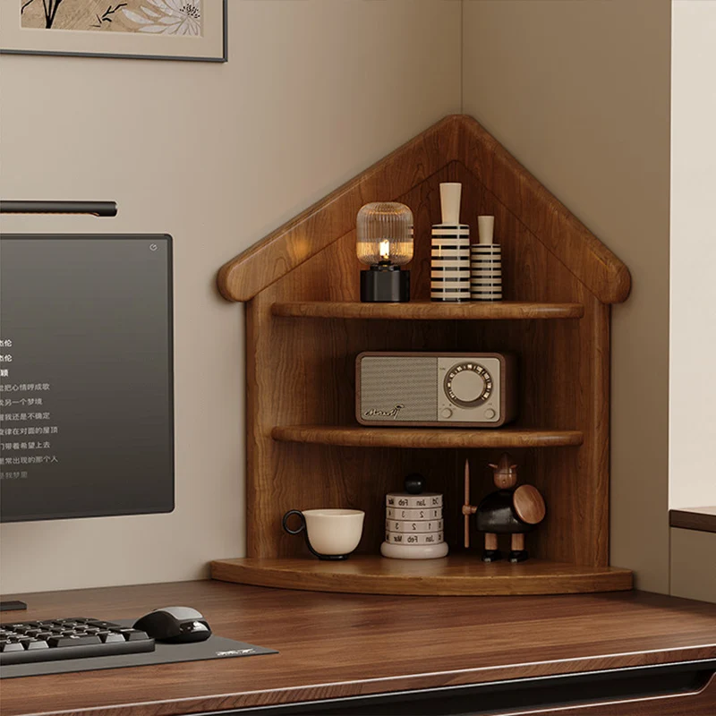Contemporary Retro Rubberwood House-shape Fan-shaped Desktop Storage Shelf 3-Tier Corner Organizer For Living Room & Entryway