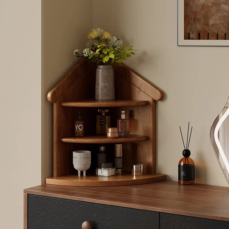 Contemporary Retro Rubberwood House-shape Fan-shaped Desktop Storage Shelf 3-Tier Corner Organizer For Living Room & Entryway