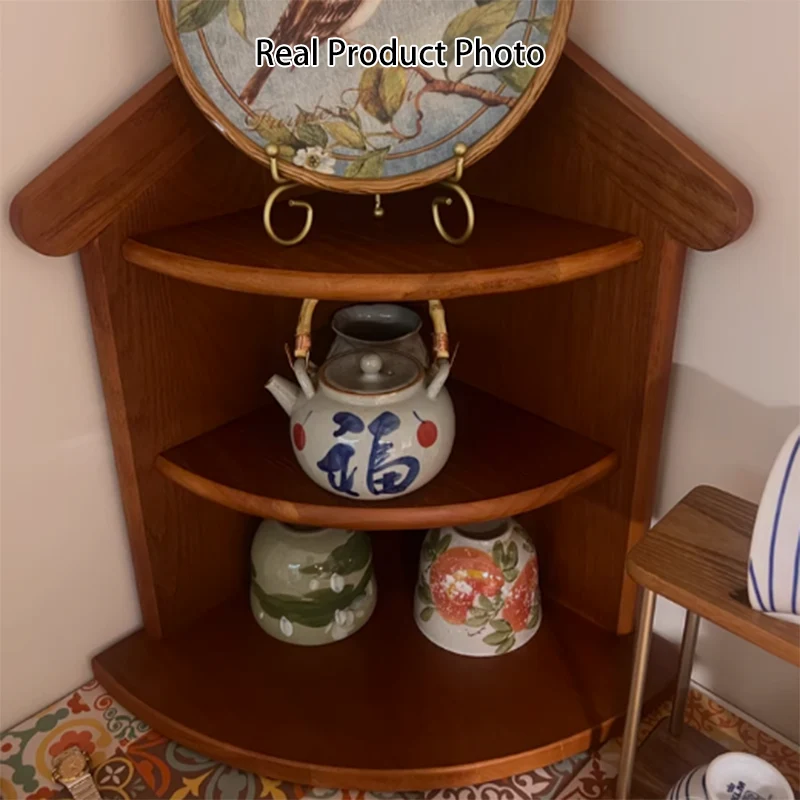 Contemporary Retro Rubberwood House-shape Fan-shaped Desktop Storage Shelf 3-Tier Corner Organizer For Living Room & Entryway