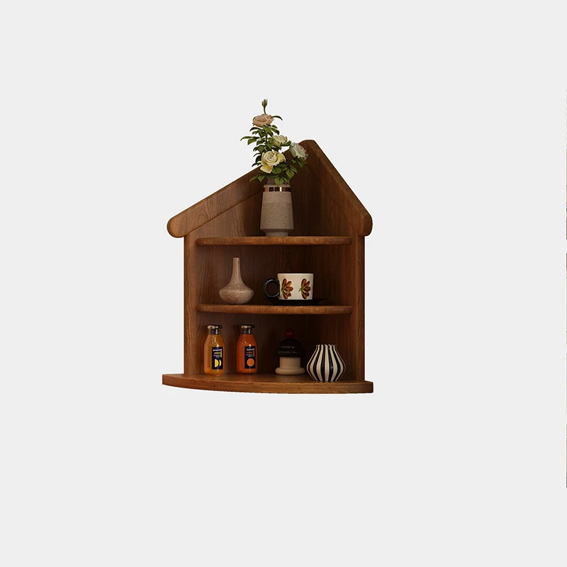 Contemporary Retro Rubberwood House-shape Fan-shaped Desktop Storage Shelf 3-Tier Corner Organizer For Living Room & Entryway