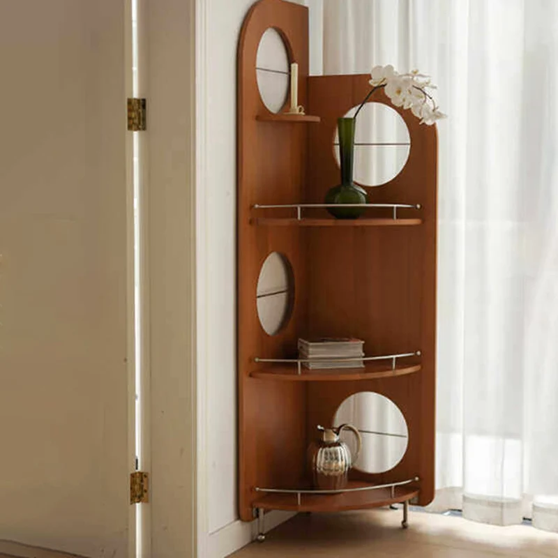 Contemporary Nordic Fan-Shaped Round Pine Stainless Steel Corner Shelf Unit 3-Tier For Living Room