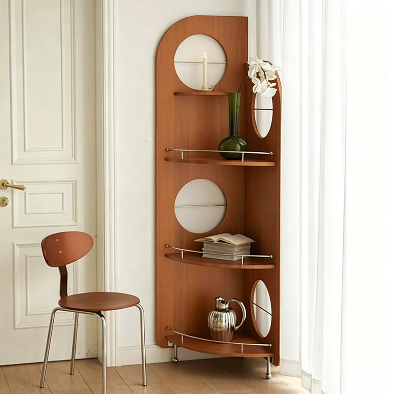 Contemporary Nordic Fan-Shaped Round Pine Stainless Steel Corner Shelf Unit 3-Tier For Living Room