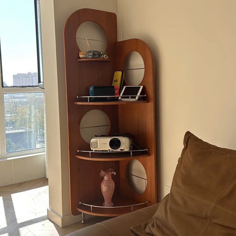 Contemporary Nordic Fan-Shaped Round Pine Stainless Steel Corner Shelf Unit 3-Tier For Living Room
