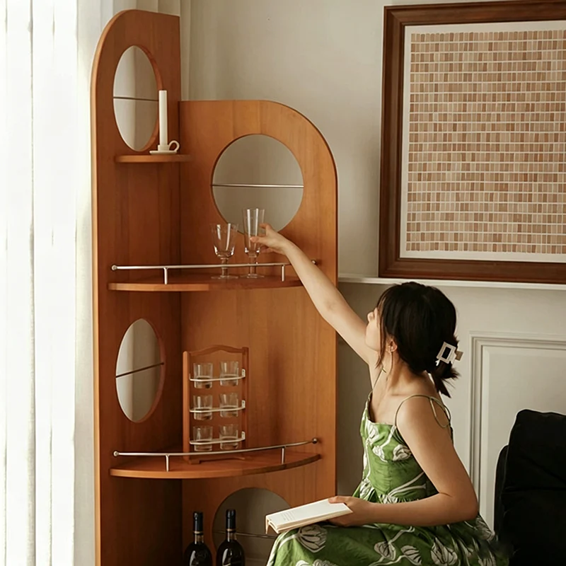 Contemporary Nordic Fan-Shaped Round Pine Stainless Steel Corner Shelf Unit 3-Tier For Living Room