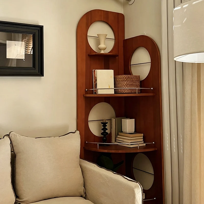 Contemporary Nordic Fan-Shaped Round Pine Stainless Steel Corner Shelf Unit 3-Tier For Living Room