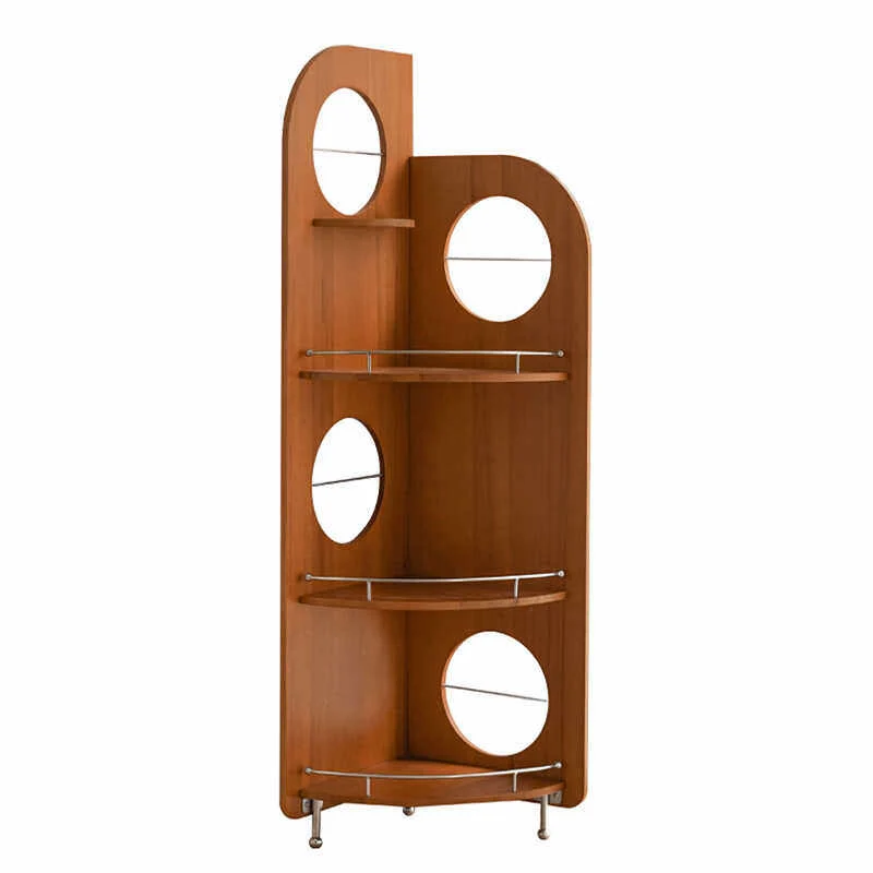 Contemporary Nordic Fan-Shaped Round Pine Stainless Steel Corner Shelf Unit 3-Tier For Living Room