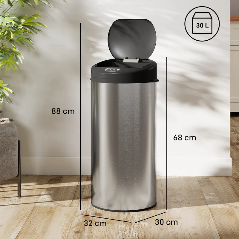 Poubelle de cuisine automatique 32 x 30 x 68 cm capteur sans contact fermeture douce moderne en acier inoxydable argenté 21_0005929