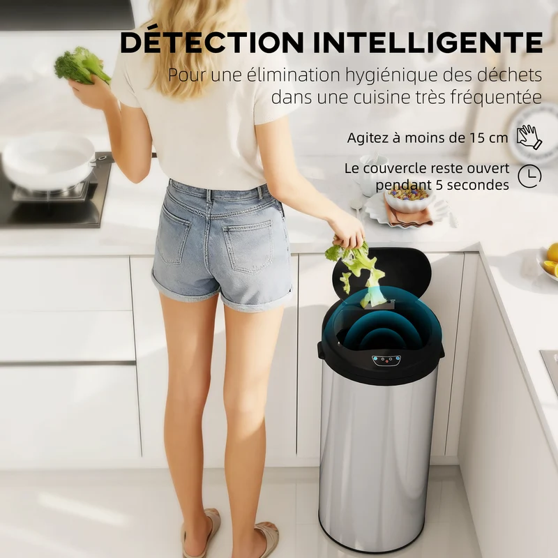 Poubelle de cuisine automatique 32 x 30 x 68 cm capteur sans contact fermeture douce moderne en acier inoxydable argenté 21_0005929