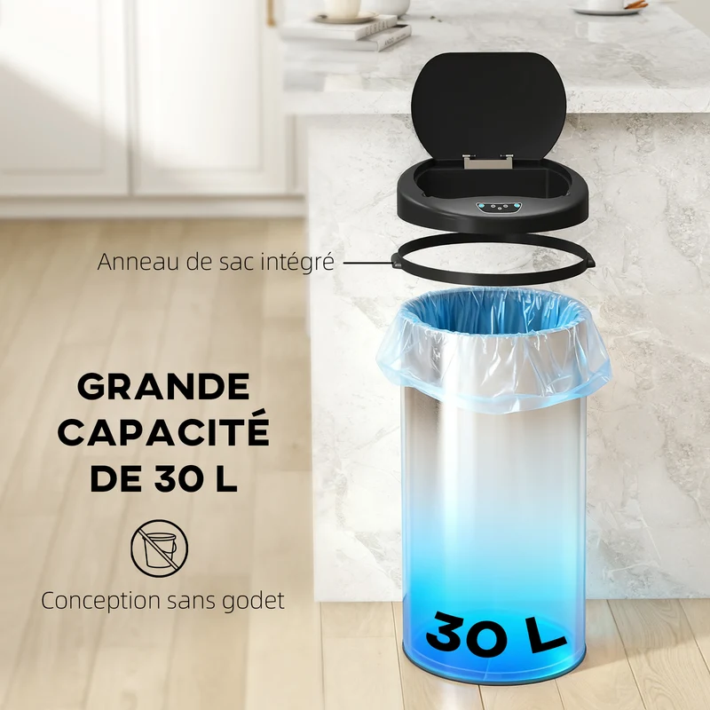 Poubelle de cuisine automatique 32 x 30 x 68 cm capteur sans contact fermeture douce moderne en acier inoxydable argenté 21_0005929