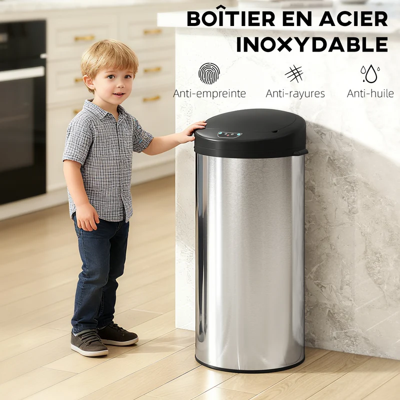Poubelle de cuisine automatique 32 x 30 x 68 cm capteur sans contact fermeture douce moderne en acier inoxydable argenté 21_0005929