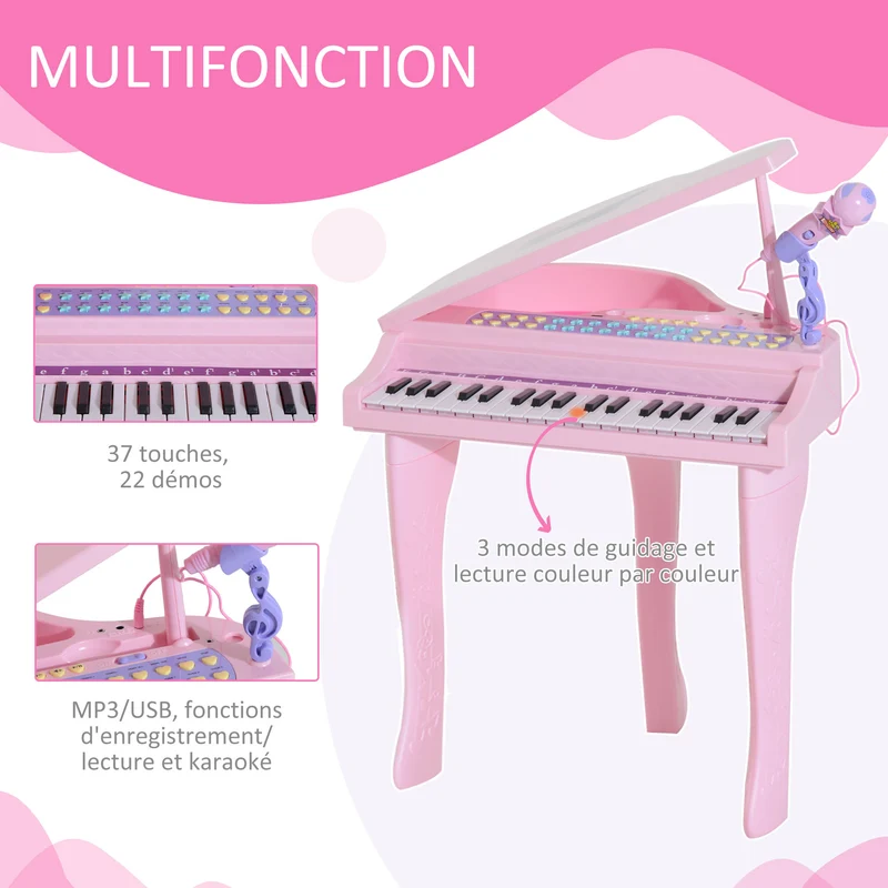 Piano électronique pour enfants 37 touches 48 x 39 x 69 cm apprentissage guidé et karaoké décoratif tendance en abs rose 21_0000693