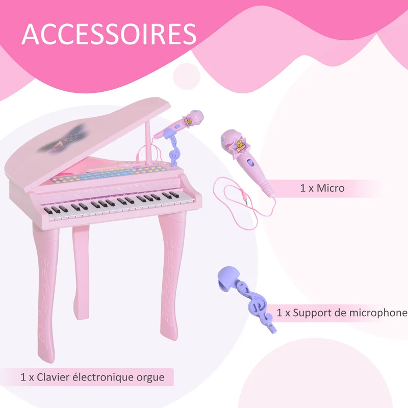 Piano électronique pour enfants 37 touches 48 x 39 x 69 cm apprentissage guidé et karaoké décoratif tendance en abs rose 21_0000693