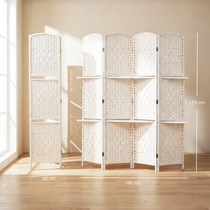 Paravent séparateur de pièce 4 panneaux 160 x 1.6 x 170 cm pliable 2 étagères motif losange scandinave en bois blanc 21_0001321
