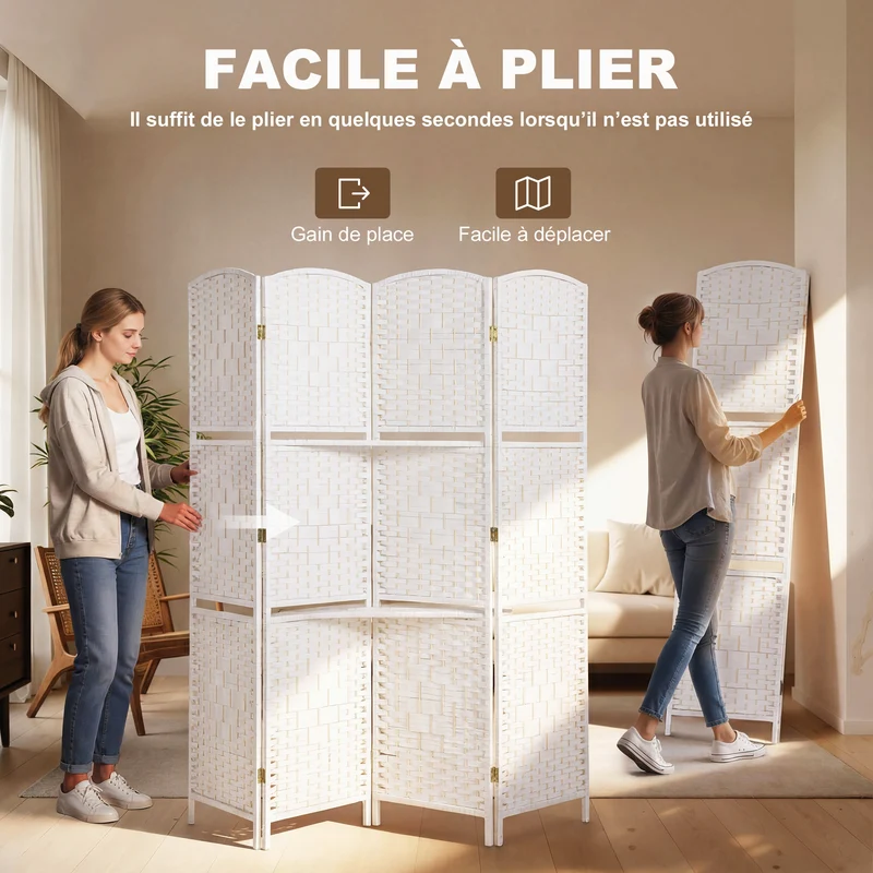 Paravent séparateur de pièce 4 panneaux 160 x 1.6 x 170 cm pliable 2 étagères motif losange scandinave en bois blanc 21_0001321