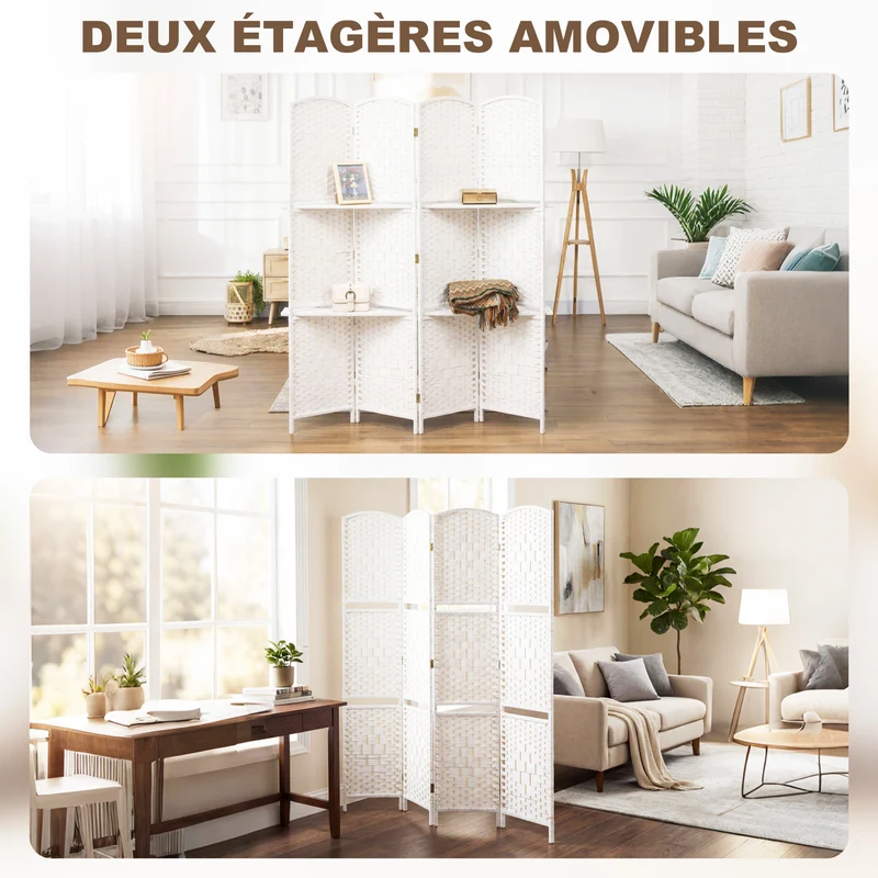 Paravent séparateur de pièce 4 panneaux 160 x 1.6 x 170 cm pliable 2 étagères motif losange scandinave en bois blanc 21_0001321