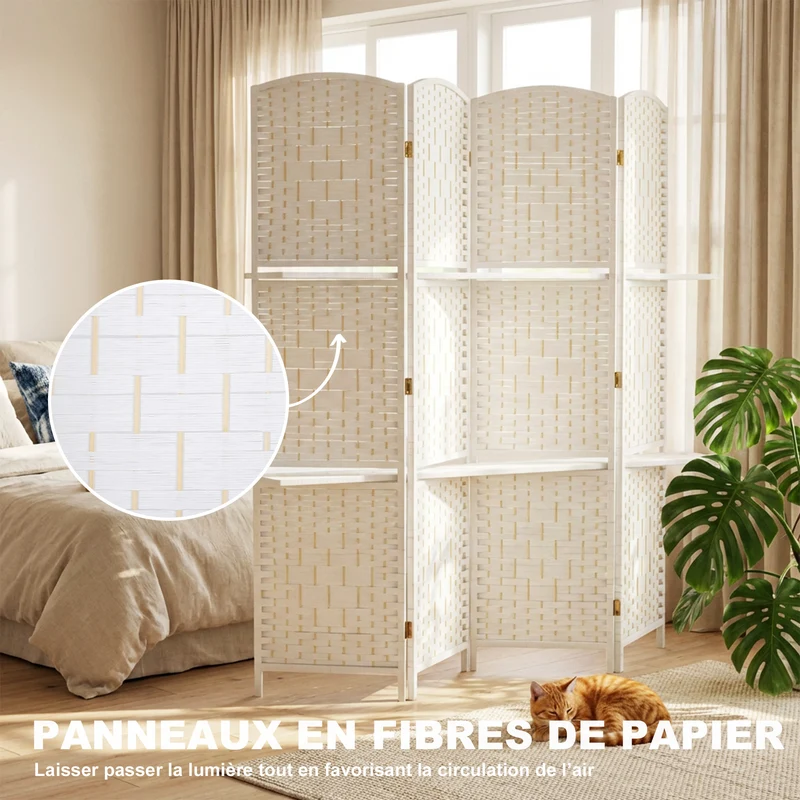 Paravent séparateur de pièce 4 panneaux 160 x 1.6 x 170 cm pliable 2 étagères motif losange scandinave en bois blanc 21_0001321