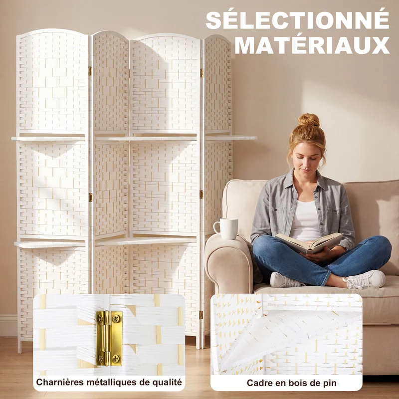 Paravent séparateur de pièce 4 panneaux 160 x 1.6 x 170 cm pliable 2 étagères motif losange scandinave en bois blanc 21_0001321