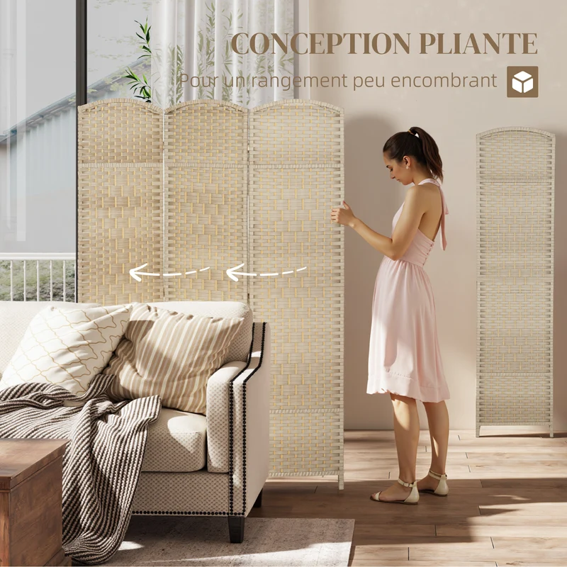 Paravent pliable séparateur de pièce triptyque 135 x 1.7 x 180 cm intimité design scandinave en polypropylène chêne 21_0001332