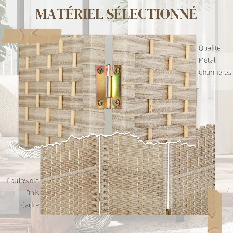 Paravent pliable séparateur de pièce triptyque 135 x 1.7 x 180 cm intimité design scandinave en polypropylène chêne 21_0001332