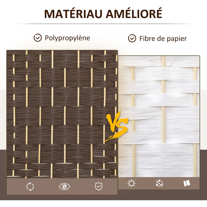 Paravent intérieur 4 panneaux pliable 180 x 1.7 x 180 cm intimité gain d'espace scandinave cosy en polypropylène marron 21_0001335