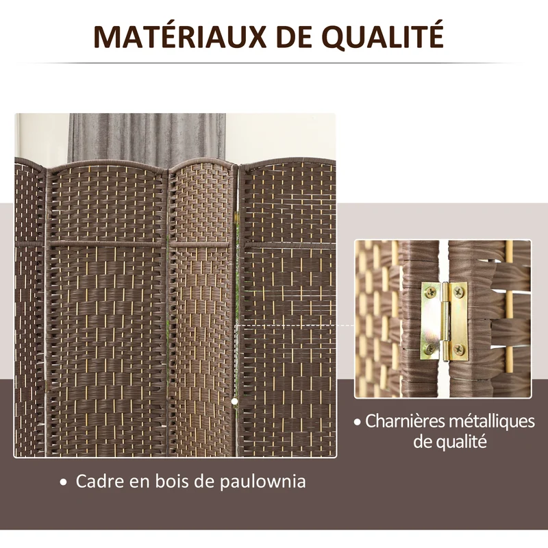 Paravent intérieur 4 panneaux pliable 180 x 1.7 x 180 cm intimité gain d'espace scandinave cosy en polypropylène marron 21_0001335