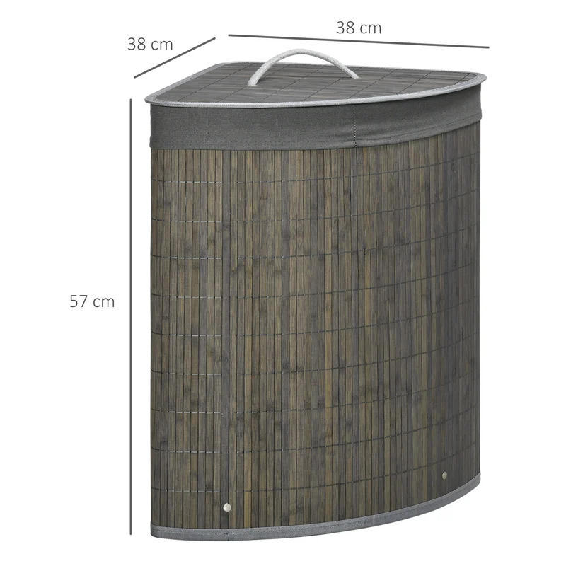 Panier à linge d'angle 38 x 38 x 57 cm avec couvercle et housse amovible salle de bain scandinave épuré en bambou gris 21_0005830