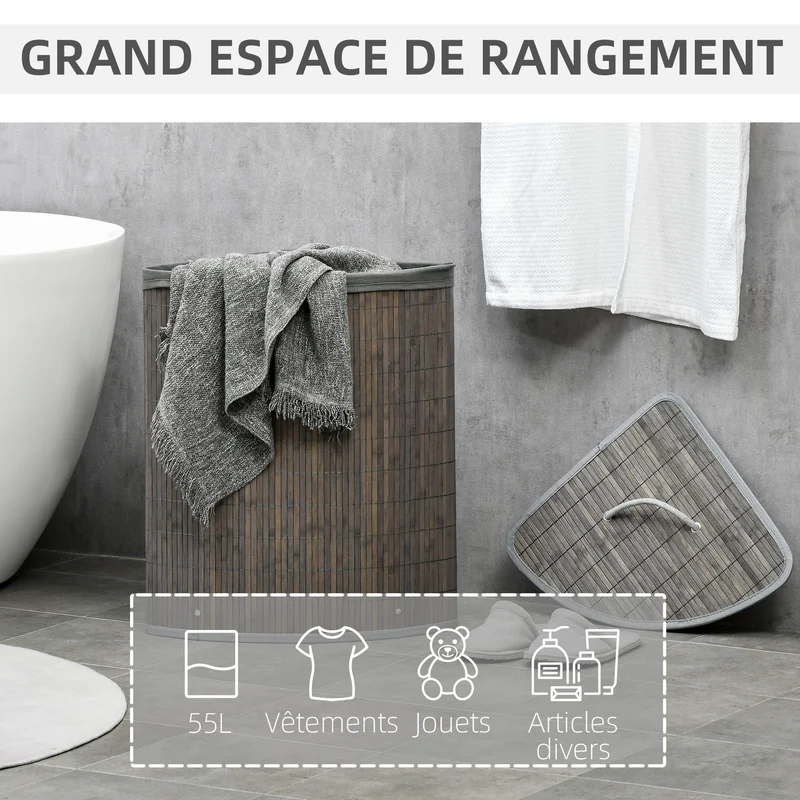 Panier à linge d'angle 38 x 38 x 57 cm avec couvercle et housse amovible salle de bain scandinave épuré en bambou gris 21_0005830