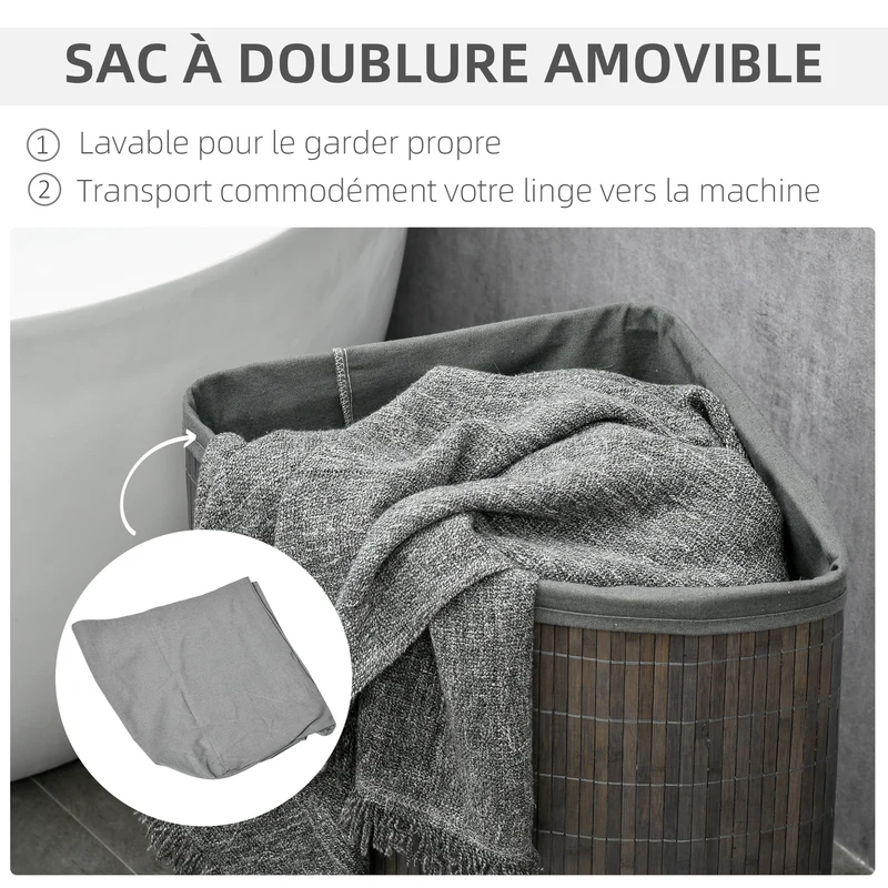 Panier à linge d'angle 38 x 38 x 57 cm avec couvercle et housse amovible salle de bain scandinave épuré en bambou gris 21_0005830