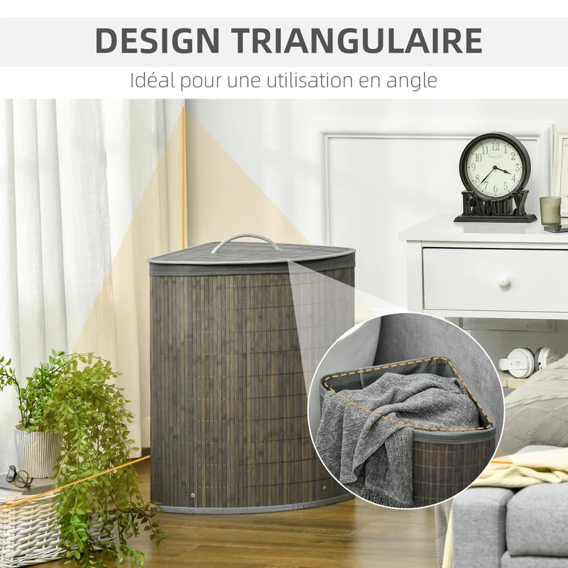 Panier à linge d'angle 38 x 38 x 57 cm avec couvercle et housse amovible salle de bain scandinave épuré en bambou gris 21_0005830