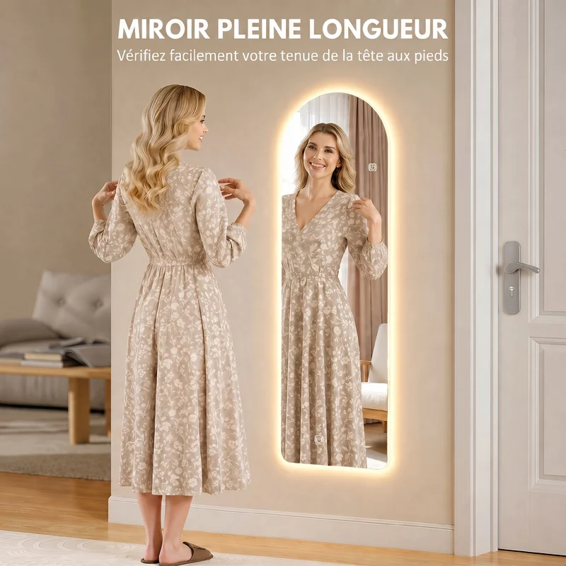 Miroir mural arqué sans cadre 120 x 40 x 3 cm éclairage led réglable gain de place moderne en verre trempé transparent 21_0001639
