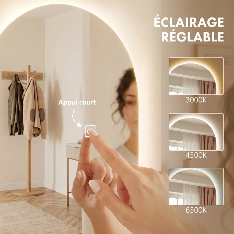 Miroir mural arqué sans cadre 120 x 40 x 3 cm éclairage led réglable gain de place moderne en verre trempé transparent 21_0001639