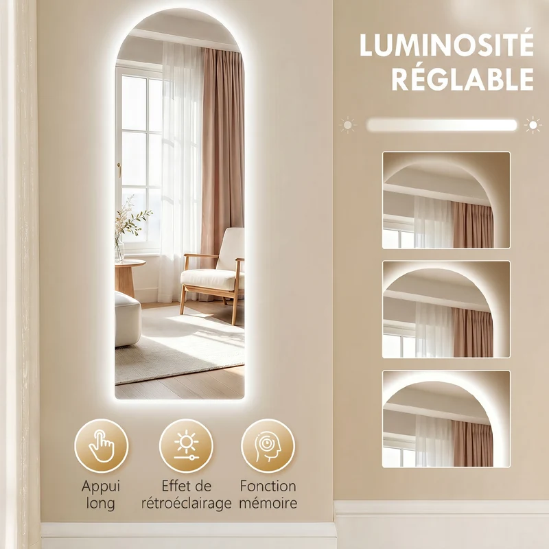 Miroir mural arqué sans cadre 120 x 40 x 3 cm éclairage led réglable gain de place moderne en verre trempé transparent 21_0001639