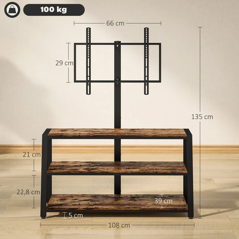Meuble télévision 108 x 41 x 135 cm support pivotant 35° trois étagères style industriel en panneau de particules marron 21_0003484