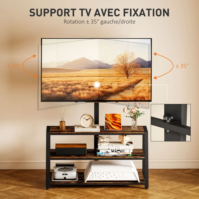 Meuble télévision 108 x 41 x 135 cm support pivotant 35° trois étagères style industriel en panneau de particules marron 21_0003484