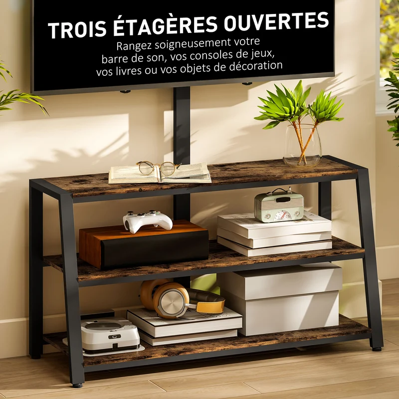 Meuble télévision 108 x 41 x 135 cm support pivotant 35° trois étagères style industriel en panneau de particules marron 21_0003484